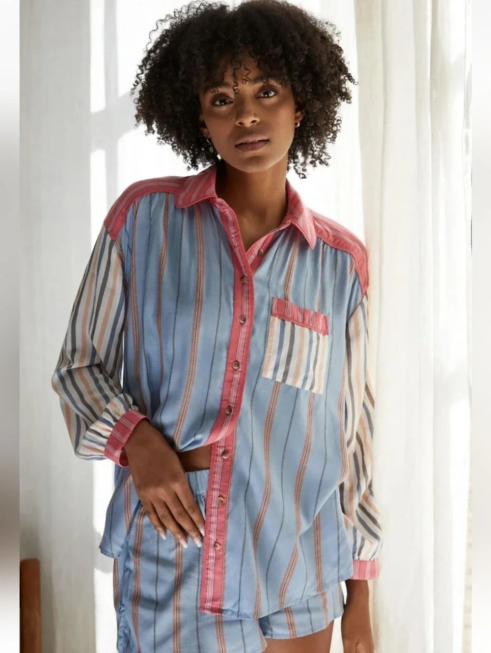 Anthropologie True Pajama Top Only Women Casual Stripe Long Sleeve Shirt